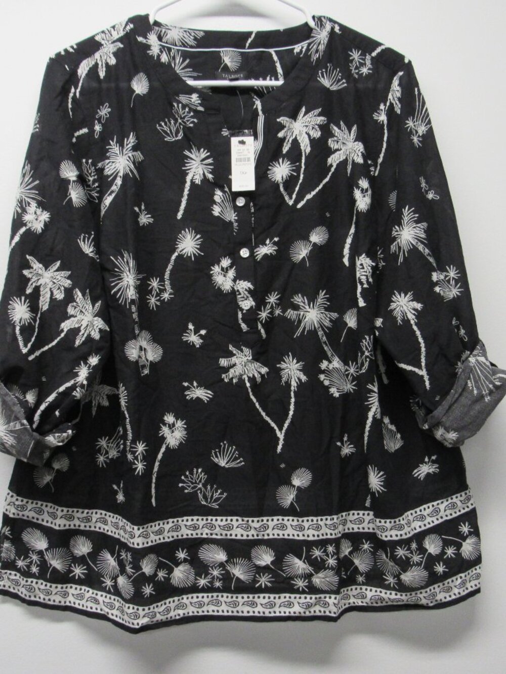 NWT Talbots Tunic Top Popover Lightweight Roll Tab Black Tropical Palm Tree 1XP